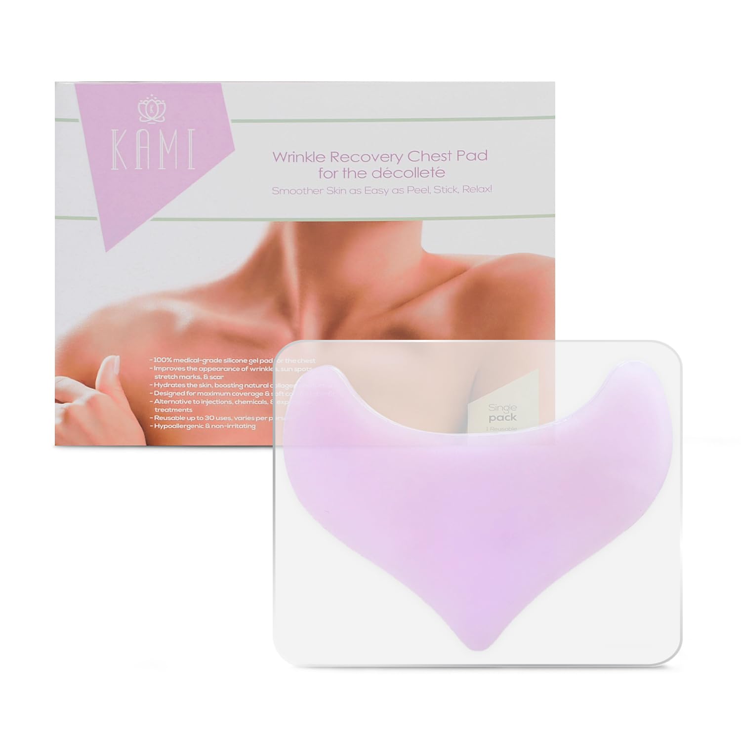 Kami Pure Silicone Gel Anti-Wrinkle Chest Patch for the Decolette, Anti-Aging Collagen Filler Pad to Repair, Hydrate, Plump & Smooth Skin, Botox Alternative, Single Pack