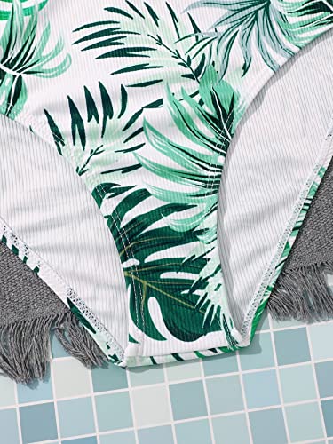 SHENHE Girl's 3 Pieces Bikini Bathing Suit Tropical Print High Waist Swimsuit Cover Up Sets4
