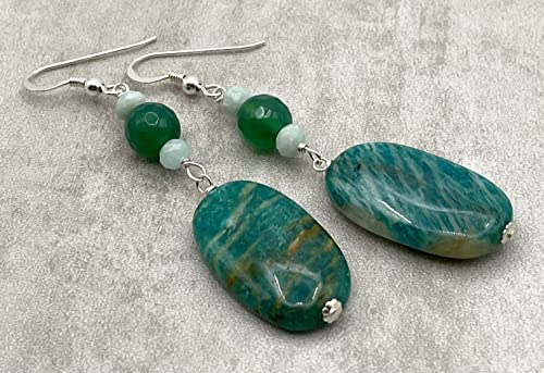 Boucles d'oreilles argent 925 agate vert amazonite pendantes naturelles