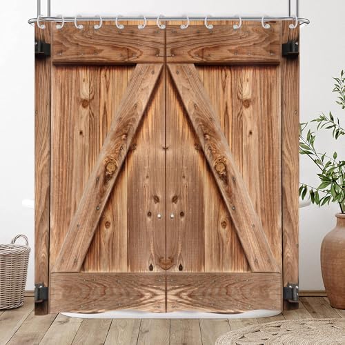 Hnmdmyi Duschvorhang Rustikal 180x200, Bauernhaus Holz Garage Scheunentür Duschvorhänge Braun Land Vintage Kunstwerk Badewanne Vorhang Wasserdicht Polyester Stoff Waschbar Badevorhang mit Haken
