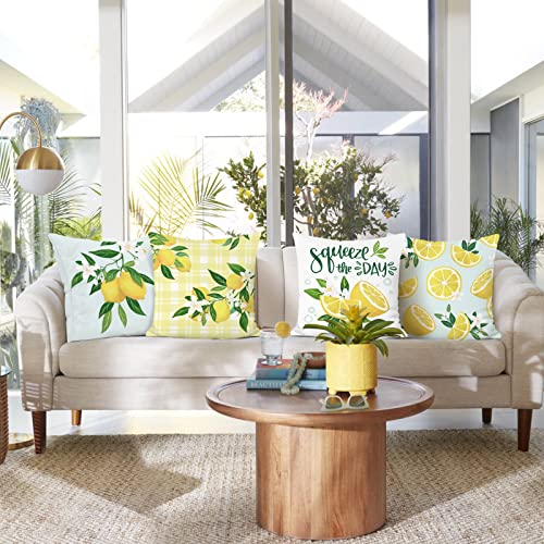 Bonhause Lemon Throw Pillow Covers 18 X 18 Inch Set Of 4 Summer Fruit Farmhouse Decorative Pillows Case Soft Velvet Cushion Covers For Couch Sofa Patio Garden Home Decor #TOP3