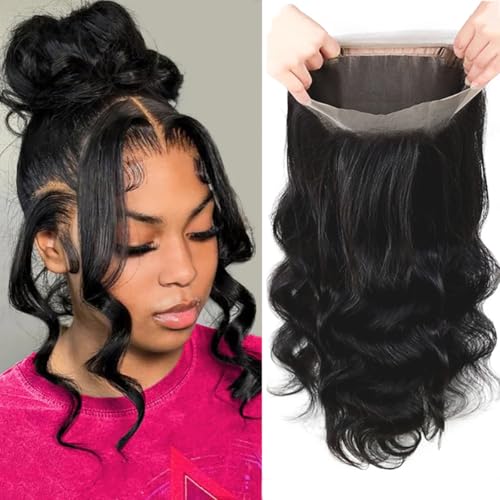 GYAJEP 360 Lace Frontal 360 HD Transparent Full Lace 12A Unprocessed Brazilian Remy Human Hair Body Wave Frontal Bleachable Knots 360 Closure Natural Color 16 Inch