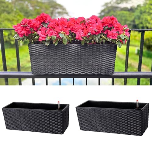 LaLaGreen Outdoor Rail Planter for Balcony (20 Inch, 2 Pack) Large Black Self Watering Deck Railings Planters with Brackets, Rectangular Plastic Fence Flower Box Designer Choice with Rattan Pattern by LáLáGreen - Used condition - CA$77.76