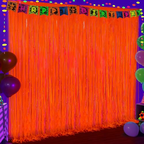 Image of 2Pack Glow in The Dark Party Supplies, Neon Party Decorations 6.6x6.6ft Fluorescent Macaron Orange Tinsel Foil Fringe Curtains, Photo Booth Prop Backdrop Luminous Streamer, Birthday Halloween Party