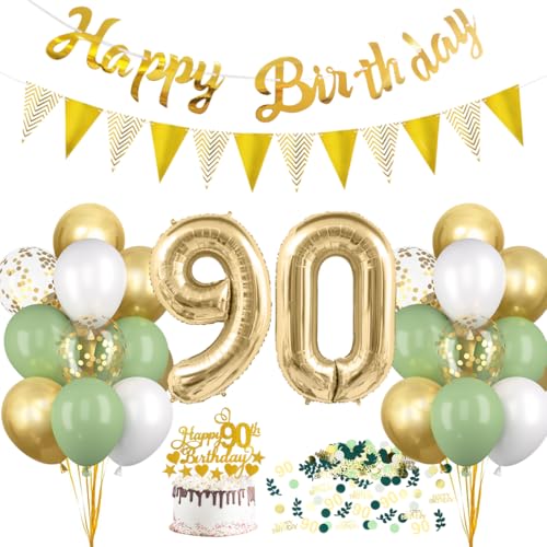 HUKUMA Decoration Anniversaire 90 Ans, Ballon 90 ans Anniversaire de Fête Femme Homme,Kit Ballon Guirlande Vert Or,Bannière Confetti Joyeux Anniversaire Decoration