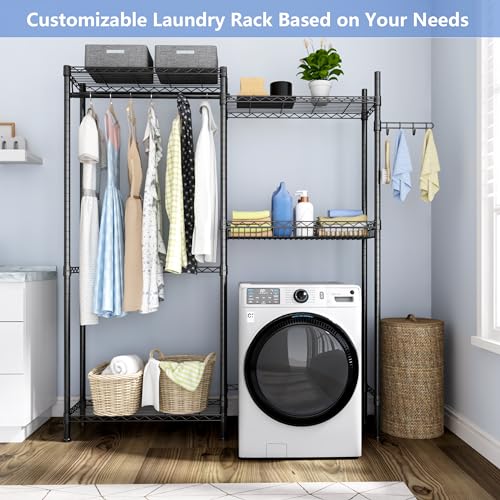 Image of Golpart Over Washer and Dryer Shelves,Laundry Room Storage Organization Clothes Drying Rack,4 Tier Adjustable Height Wire Shelving with Wire Basket,Hanger Rod&Hook,Space Saving Shelf