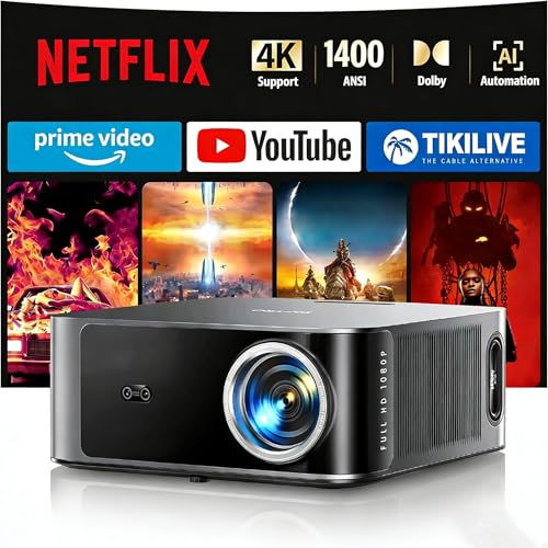 Proyector【1400 ANSI/App Oficial Integrada/36W Dolby】Smart Proyector 4K Compatible con Netflix AI Auto Focus/Keystone, Proyector1080P Nativo WiFi6 Bluetooth5.2 Zoom 50% Cine en Casa/Exterior para Movil