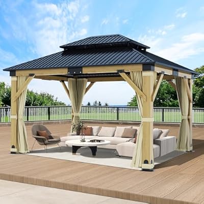 COVERONICS 11FT x 13FT Outdoor Cedar Wooden Gazebo - Patio Wood Frame Gazebo with Galvanized Steel Hardtop, Heavy-Duty Hardtop Gazebos with Netting & Curtains for Garden, Poolside, Deck, Backyard