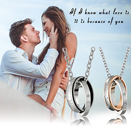 Oidea Stainless Steel His Queen Her King Ring Interlocking Matching Necklace For Couples Promise Engagement Gift #TOP4