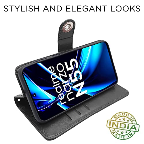 Image of Pikkme Realme Narzo N55 / Realme C55 Flip Cover Leather Finish | Inside TPU with Card Pockets | Wallet Stand and Shock Proof | Complete Protection Button Flip Case (Black)