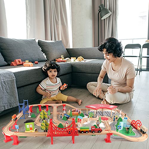 Qilay 140 Pcs Wooden Train Set, Delux Toddler Train Set Railway Kits For Kids, Premium Wood Friendly Building Construction City Train Tracks Toy For 3,4,5 Year Old Boys And Girls #TOP7
