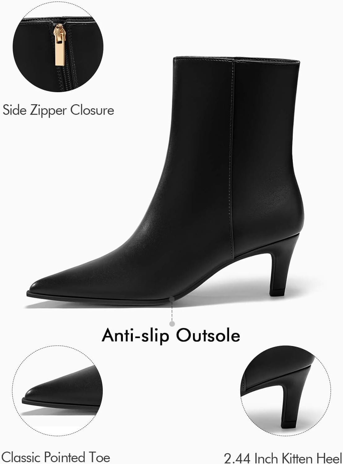 Coutgo Ankle Boots for Women Kitten Low Heel Pointed Toe Booties Side Zipper Fall Shoes - Image 4