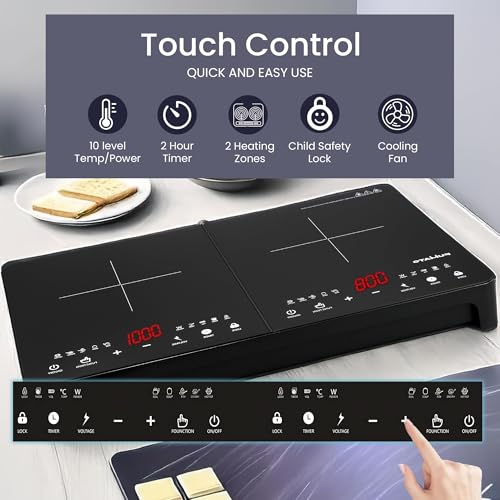 Image of 2200W Induction Cooktop | Double Burner Touch Control Digital Display | Waterproof Black Crystal Panel | Auto Shut Off with Child Lock | Induction For Cooking Boiling Frying