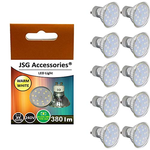 JSG Accessories - Bombillas led (GU10, 5 W, SMD 5050, luz blanca cálida 3200-3500 K, equivalente a una bombilla halógena de 50 W, 10 unidades)
