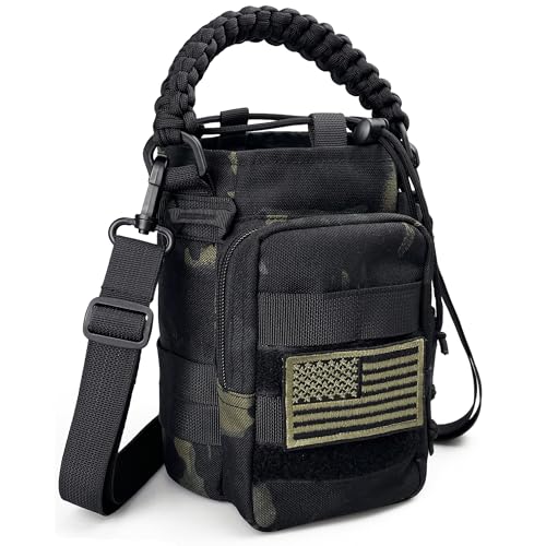 DEFUNX 64 Oz Water Bottle Sleeve - Water Jug Holder with Strap Cross-Body Bottle Carrier with MOLLE System Tactical Military Style Bag Camo Black