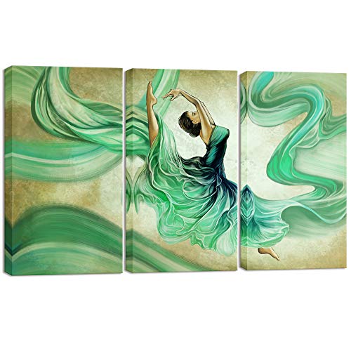 Visual Art Decor 3 Pieces Ballet Wall Art Elegant Dancing Girl in Green Dress Painting Picture Printed on Canvas Framed and Stretched Contemporary Artwork for Modern Home Living Room Bedroom Decoration (16x32x3)