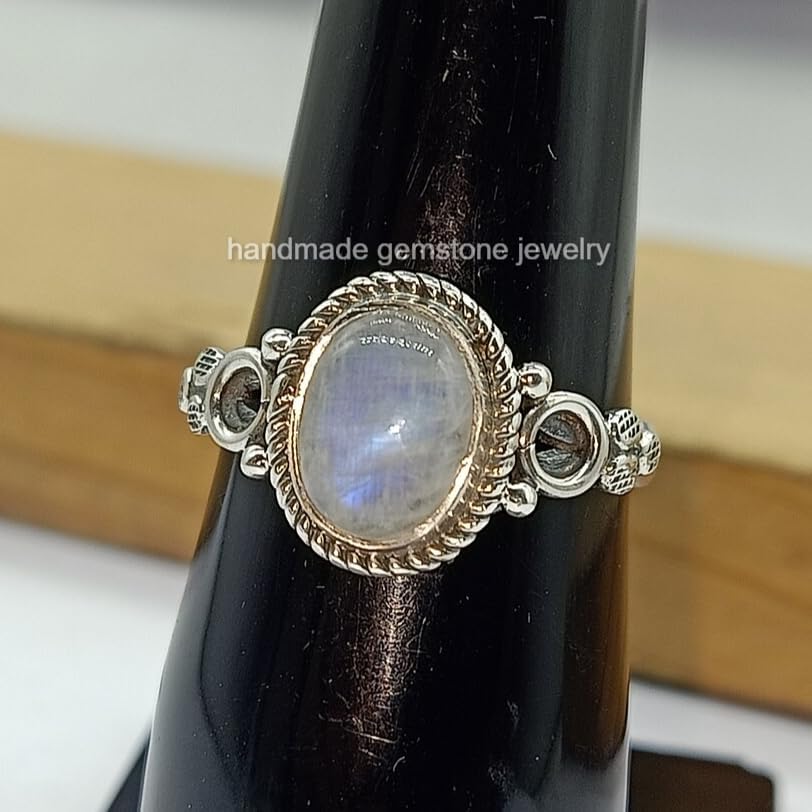 Natural Moonstone Solitaire Statement Ring | 925 Sterling Silver Plated Handmade Rings for Women | Dainty Handcrafted Daily Wear Jewelry | Perfect Valentine's Day Gift