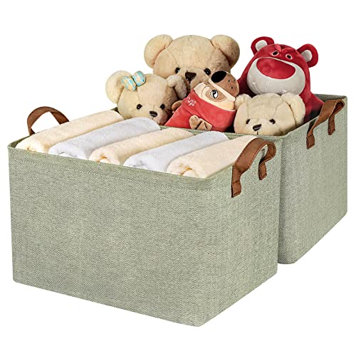 Image of TOPIA HOME Storage Baskets for Shelves with Metal Frame2-Pack, 16.54"L x 12"W x 10.24"H, Unique Cotton Fabric Storage Bins, Closet Organization, Shelf Organizer Bins for Clothes, Toy, Nursery, Green