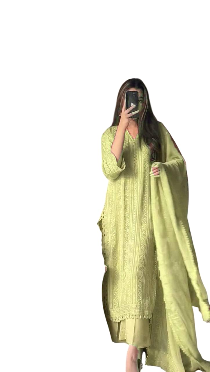 Chinon Silk with Cotton Thread Embroidery Straight Kurti With Pant and Dupatta set (Pista Green-L)-image-11