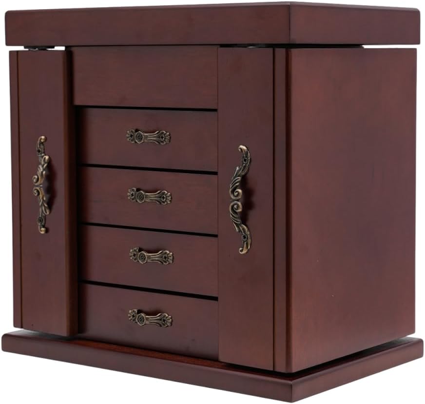 Large Wooden Jewelry Box with Built-in Mirror, 5 Drawers Jewelry Case with Side Organizer, Watches Necklace Ring Storage Box for Women