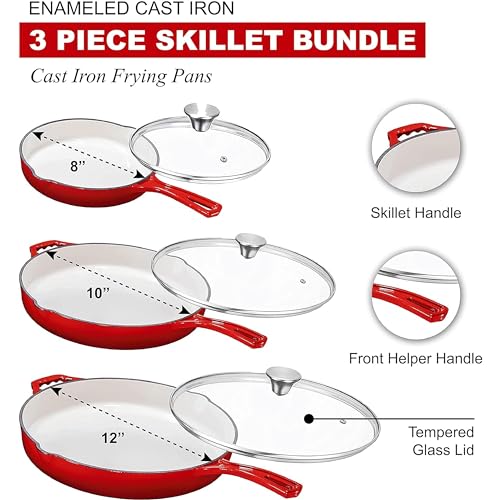 Bruntmor Enameled Cast Iron Skillet Set of 3-8, 10, and 12-Inch Non Stick Frying Pans with Tempered Glass Lids - Versatile Cast Iron Cookware Set for Casserole - Grill Pan for All Stovetops - Red - Thumbnail 5