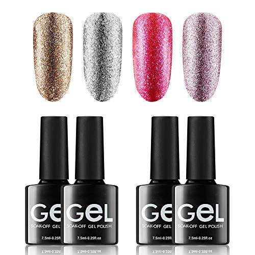 4PCS Platinum Glitter Gel Nail Polish,YUNGSIO Bling UV Gel Nail Polish Set, Silver Rose Gold Pink Gel Paint