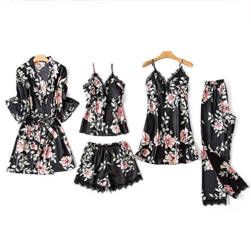 Femmes-Pyjama-Set-5pcs-Nightwear-Silk-Satin-Pajamas-Pyjamas-Sleep-Heightwear-Dentelle-Dentelle-Floral-Nuitoires-Vinois-Robe-Robe-de-Nuit