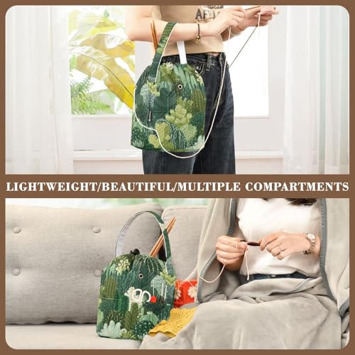 Image of ElliTarr Crochet Bag Yarn Bag with Handle Portable Knitting Project Bag Travel Yarn Storage Organizer Holder Case Green Cacti Plants
