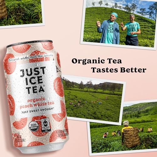 Image of Just Ice Tea, Peach White Iced Tea, 12-Pack (12oz Cans), USDA Certified Organic, Real Brewed, Low Calorie, No Artificial Sweeteners, Fair Trade, Made in USA. (Pack of 12, Peach White Tea)