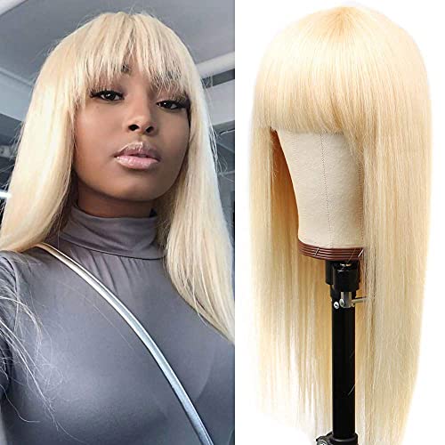 Vogeen Straight Blonde Wig with Bangs Human Hair Blonde Wigs Blonde Human Wigs with Bangs 613 human hair wig bangs for Black Women 150% Density Brazilian Virgin Hair Wig