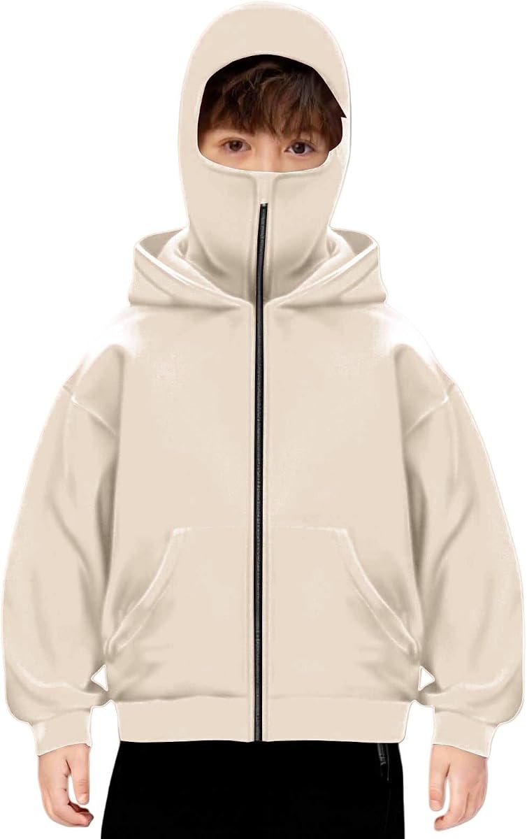 Boys Hoodie with Built In Balaclava, Hooded Zip Jacket Wind-resistant Winter Hoodies With Mask For kids