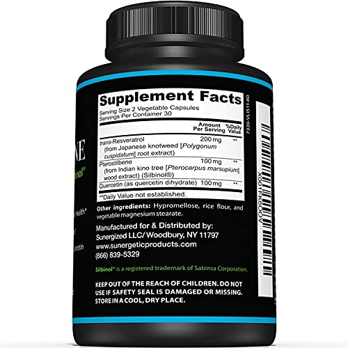 Image of Premium Pterostilbene Supplement - Pterostilbene with Resveratrol & Quercetin - Supports Healthy Aging - Natural Source Pterostilbene 100mg per Serving - 60 Capsules
