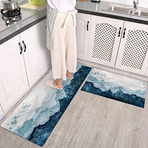 Qiyi Floor Comfort Mats 2 Pieces Kitchen Rugs Leather Waterproof Oil Proof Runner Non Skid Standing Mat Set Anti Fatigue Padded Doormat 17" W X 29" L + 17" W X 47" L - Blue White Watercolor Mountain #TOP2