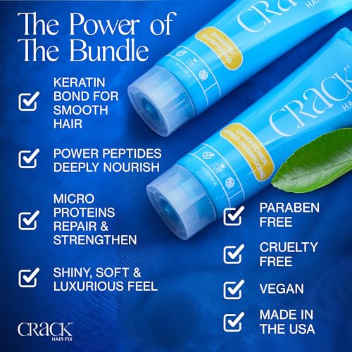 CRACK HAIR FIX Shampoo and Conditioner Set, 8.5 oz Each | Anti-Frizz Hair Products for Damaged Hair, Bond Repair, Curl Care, Humidity Control, and Color Protection