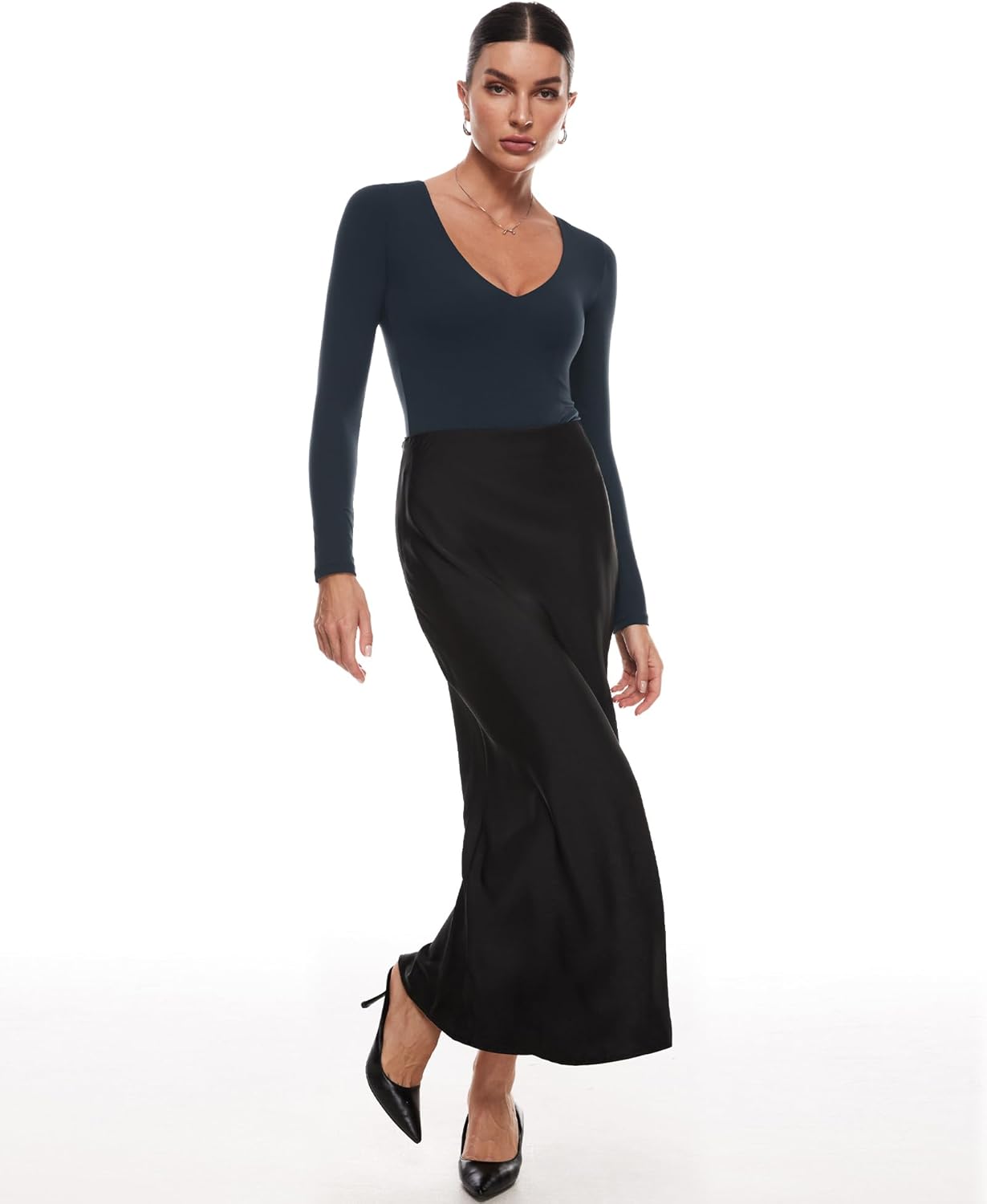 INLYRIC Women's Natrelax V Neck Long Sleeve Bodysuit Sexy Thong Body suits Tops Double Lined - Image 4