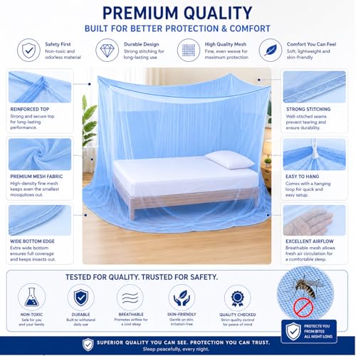 Image of BENAVJI Foldable Machardani Single Bed | Pure Cotton Mosquito net (Blue, 3.5FT X 6FT) | Strong, Breathable, Lightweight, Portable & Ideal for Daily Usage | Full Protection for Home & Travel