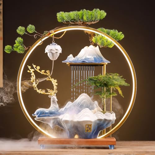 Desk Waterfall Fountain Indoor Ceramic Deer Sculpture,Tabletop Mini Water Fountain with Mist?Adjustable LED Light Ring and Backflow Incense Burner Holder(PQLU001)