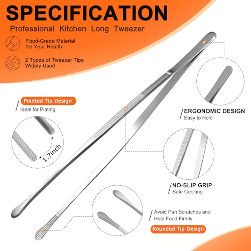 2Pcs 12-inch Kitchen Tweezers for Cooking, Kitchen Tweezer Tongs, Fine Stainless Steel Cooking Utensils Set for Steak, Salad, Pasta, Bacon, Sausage, BBQ, Toast, Aquarium, Silver, Achiwish - Image 5