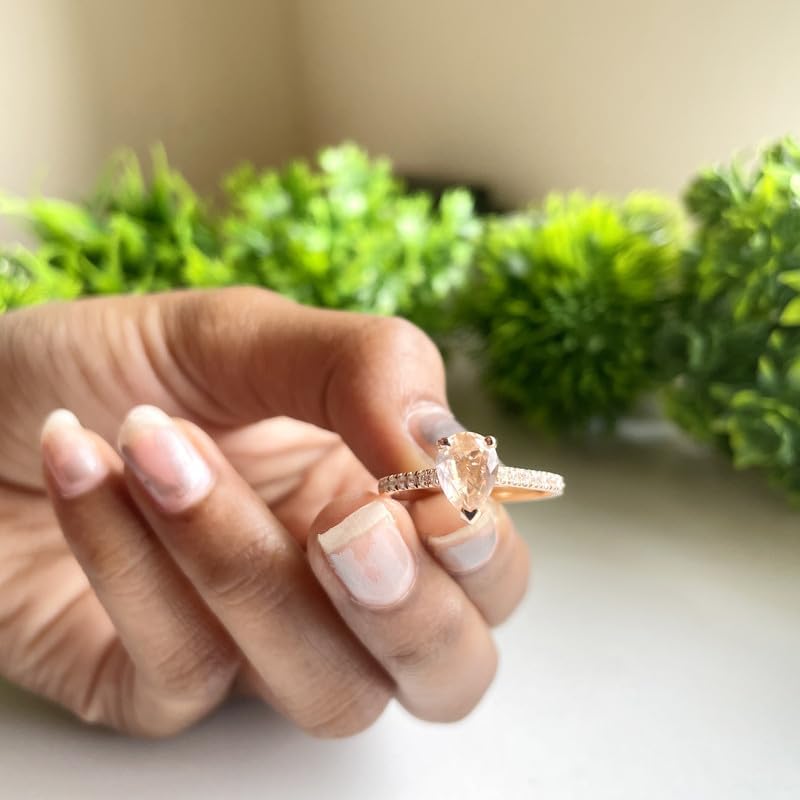 Pear Cut Morganite & Diamond Engagement Ring, 14k Gold Finish Pear Shape Morganite Solitaire With Accent Bridal Ring, Topaz & Diamond Ring