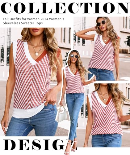 Image of MARZXIN Women Sleeveless Sweater V Neck Casual 2026 Fall Knitted Chevron V Neck Sweater Vest Color Block Pullover Sweater Top