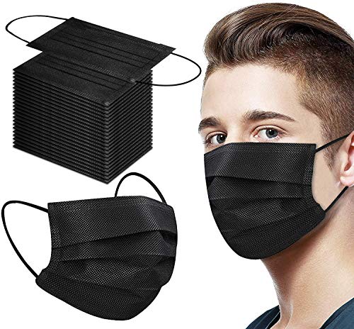 Image of Disposable Black Mask 3-Ply Face Masks with Earloops Face Shield