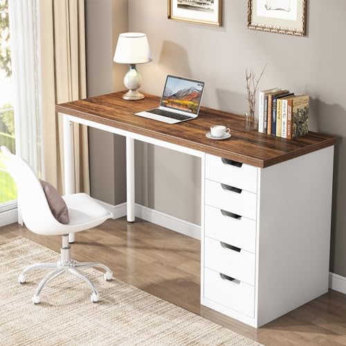 Image of Tribesigns Computer Desk with 5 Drawers, 47 inches Rustic Brown Home Office Desk with Storage, Modern Simple Laptop Desk Study Writing Table for Small Spaces (1, Brown+White)
