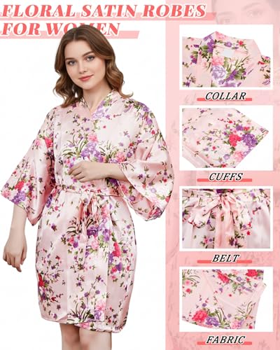 Jecery 7 Pcs Floral Bride Bridesmaid Robes Short Satin Kimono Robe Glitters for Women Wedding Bridal Party(White, Pink) - Thumbnail 2