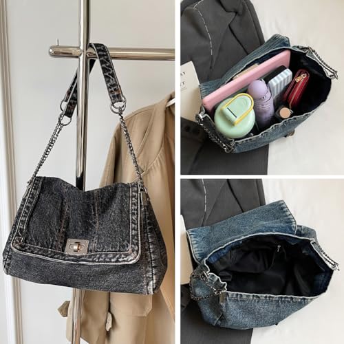 KlaOYer Denim Shoulder Bag for Women Jean Tote Bag Adjustable Chain Strap Crossbody Bags Y2k Trendy Hobo Purse Handbag4