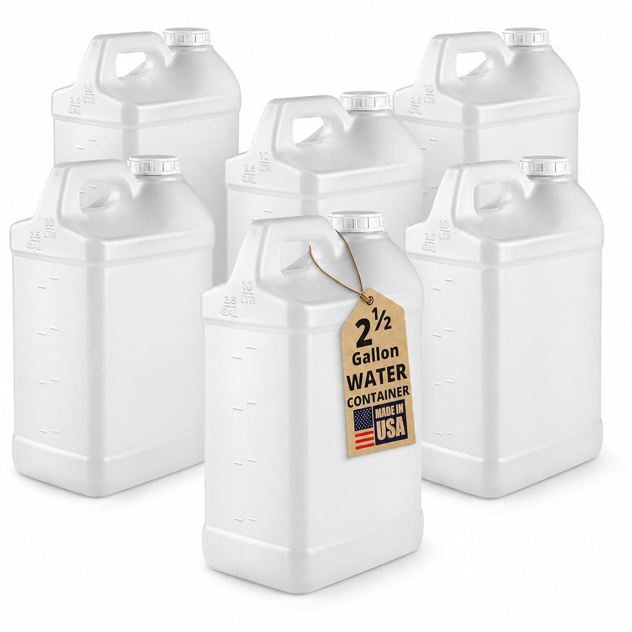 kitchentoolz 2.5 Gallon Water Jug with Lid - Heavy Duty HDPE Plastic Jug for Used Oil Disposal, Water Storage &amp; Mixing - Made in USA - Pack of 6