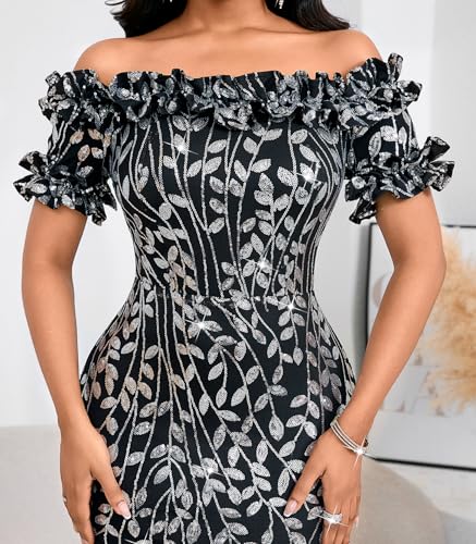 Image of dasmzper Women Sexy Sequin Off Shoulder Ruffle Short Sleeve Bodycon Mermaid Party Formal Evening Maxi Dress