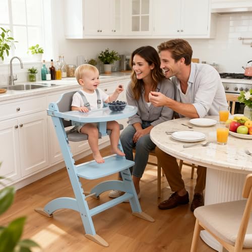 Image of Cowiewie New Upgrade 3-in-1 Convertible Wooden High Chair for Babies & Toddlers 10 Levels Adjustable 3-Tier Remove 2 Waterproof Cozy Cushions Blue