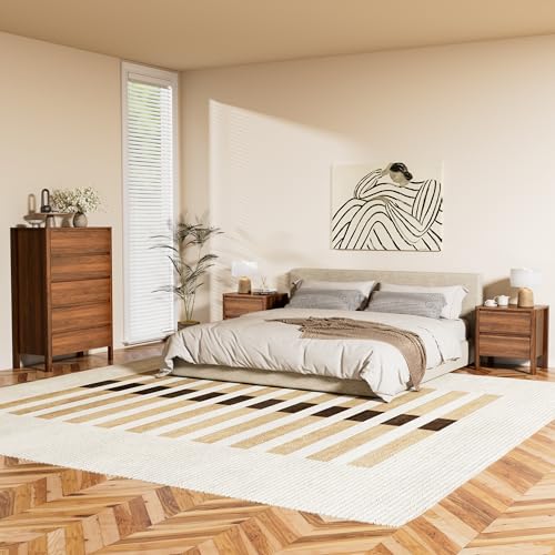 Image of Furniway Walnut Mid-Century Modern 3 Piece Bedroom Furniture Set, 5 Drawer Dresser with Handleless Wood Grain Design and Nightstands Set of 2, Minimalist Storage Dresser for Bedroom