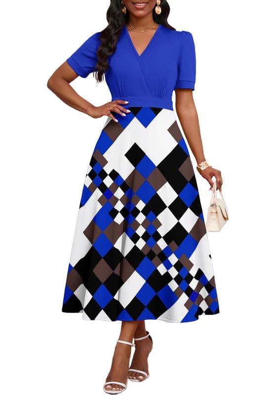 Image of MarryUP Women's Midi Dresses - V Neck Cocktail & Church Tea Dresses - Short Sleeve A-Line Swing Dress