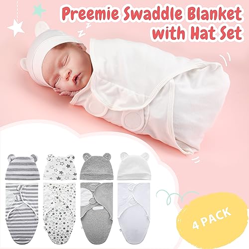 buryeah 4 pack preemie swaddle blanket wrap set with hat for baby boys girls 3-7 lbs preemie newborn clothes sleepers cap